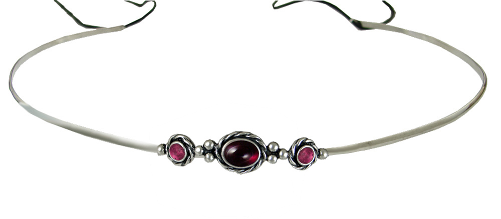 Sterling Silver Renaissance Style Exquisite Headpiece Circlet Tiara With Garnet And Pink Tourmaline